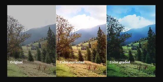 Complete color correction and grading workflow showing the full process from raw to final