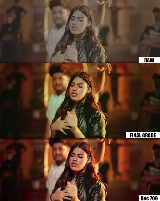 Side-by-side comparison showing raw footage, corrected footage, and graded footage