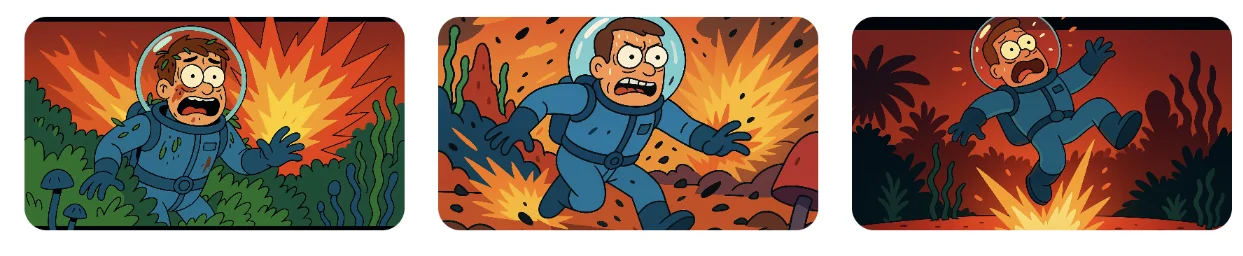 Character consistency examples showing the same character in different angles and scenes