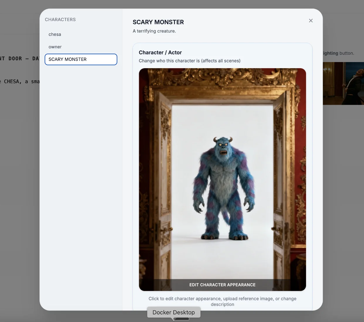 AI storyboard tool interface showing character management and upload area